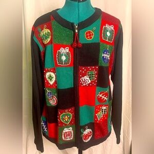 Vintage Victoria Jones green red 90s patchwork ugly Xmas sweater women’s medium